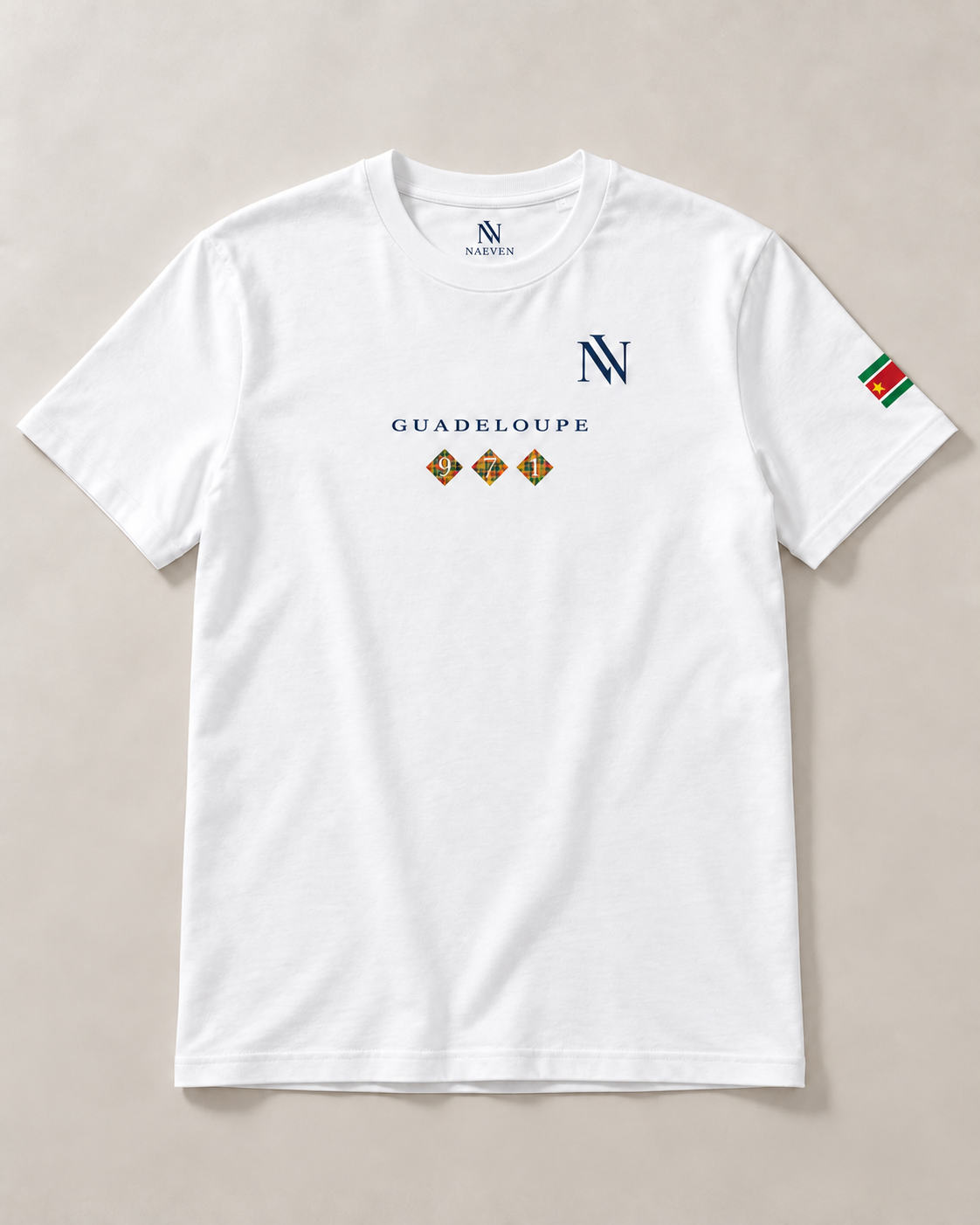 Tee-shirt Guadeloupe blanc, vue de face, motif 971 madras